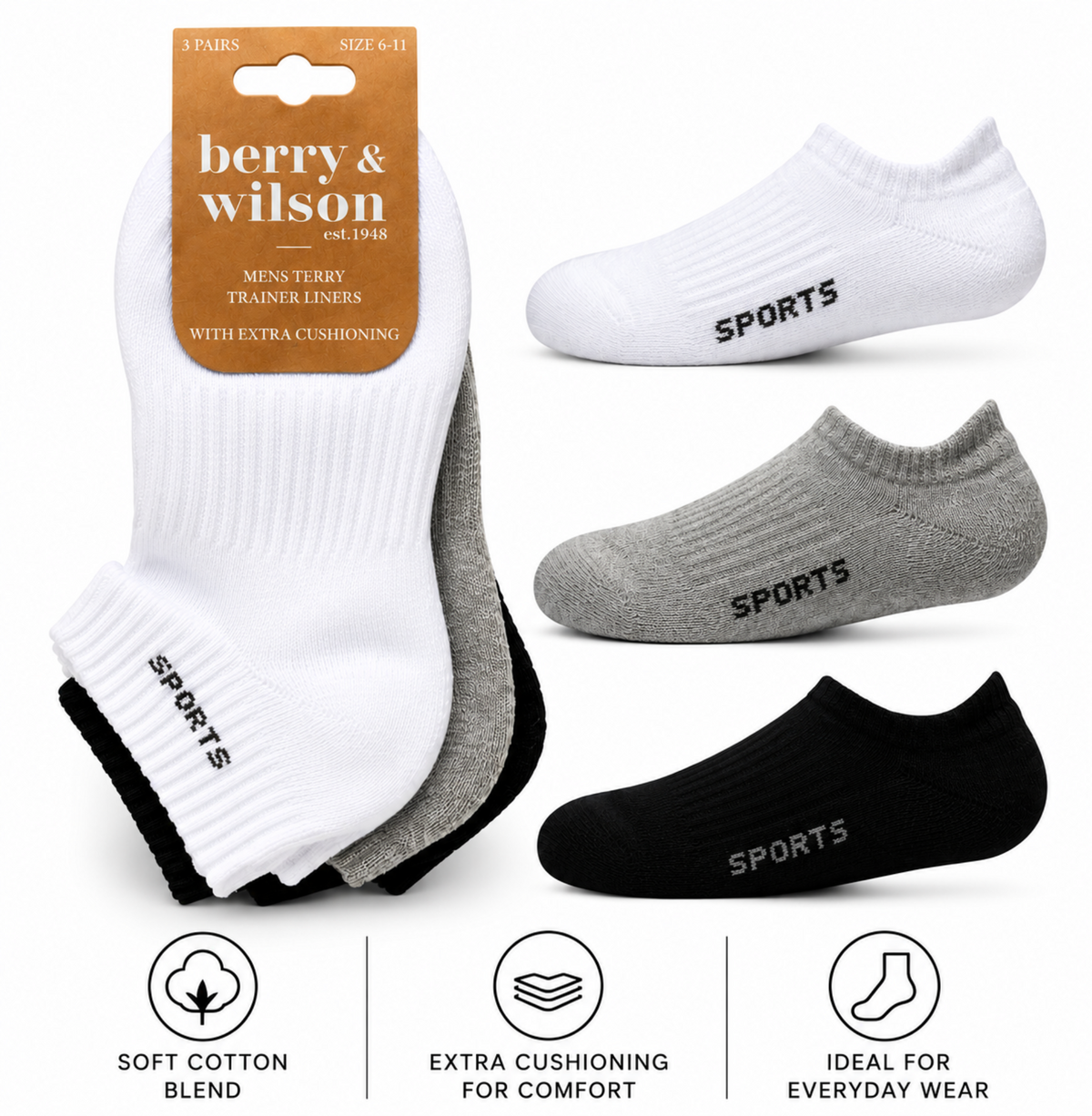 Berry & Wilson Men’s Trainer Liner Socks – 3 Pairs – UK 6–11