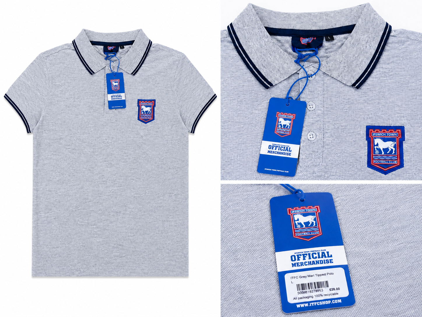Ipswich Town FC Grey Marl Polo Shirt – Size Large – BNWT Official Merchandise